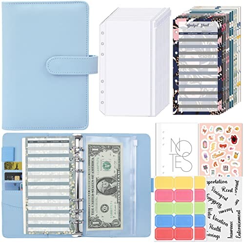 Sitengle A6 バインダー 6穴 予算バインダー PUレザー ポケット12個付き ラベル付き便利セット 家計管理 お金管理 家計簿 書類・伝票・名刺・メモ紙入れ ルーズリーフバインダー システム手