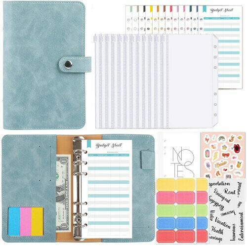 Sitengle A6 バインダー 6穴 予算バインダー PUレザー ポケット12個付き ラベル付き便利セット お金管理 手帳 家計管理 書類・伝票・名刺・メモ紙入れ ルーズリーフバインダー システム手帳