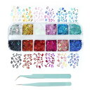 MYLCHBDJカラフルなスパンコールレジン パーツ レジン 封入パーツ レーザー文字スパンコール付き12コンパートメントボックス ピンセット2本付き 手芸用 ...