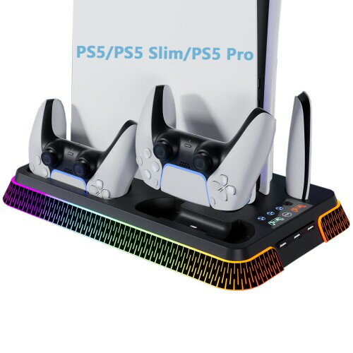 PS5 Pro/PS5/PS5 Slim用 縦置きスタンド ps5 コントローラー 充電 多機能冷却ファン充電スタンド 同時充電 充電指示ランプ付 RGBライト...