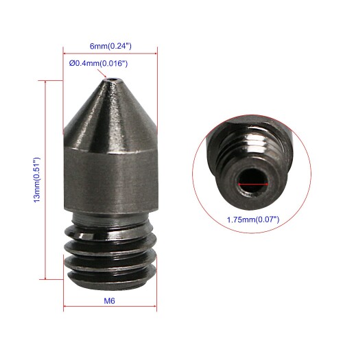 Aopin M6 1.75mm押出機ノズル3Dプリンター0.4mm / 0.016" 超硬合金鋼3Dプリンター押出機ノズル1 Pcs