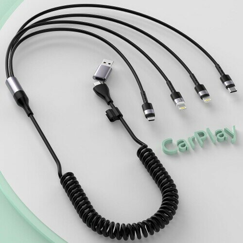 Multi 6-in-1 USB A/C Universal Coiled iPhone Charging Cable for CarPlay,Lightning 2 Type C Micro USB Long Phone Charger Cord Connector Adapter for Android/Apple/iPhone 14 13/iPad/Samsung/LG