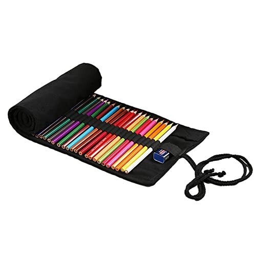 Hitasi 色鉛筆収納バッグ 巻き型 純黒 キャンバス ロールペンケース 12/24/36/48/72穴 画筆ケース 道具..
