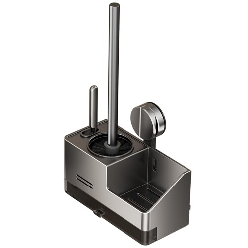 壁掛け式トイレブラシ収納ケース 吸盤式取り付け グレー 収納ボックス付き 防水 抗菌 省スペース モダ..