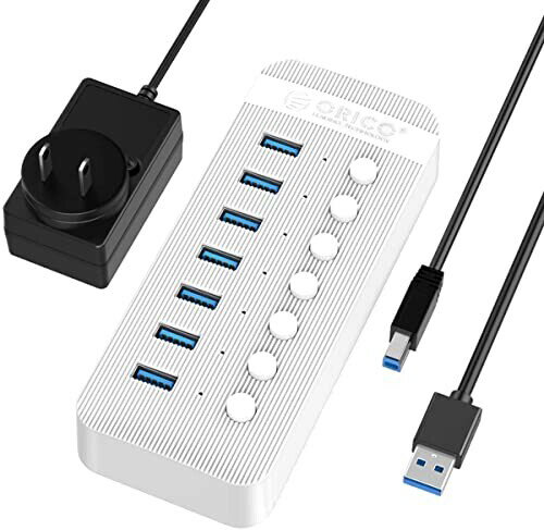 ORICO 7ポート BC1.2 USB3.0 ハブ 急速充電対応 個別スイッチ付き セルフパワー 12V/2A (24W) 電源 CT2U3-7AB 白い
