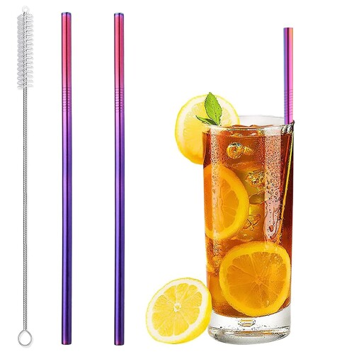 マイストロー 2本 ステンレス ストロー 洗浄ブラシ付 繰り返し使える エコ 細い 口径6mm×長さ210mm (カラー A)