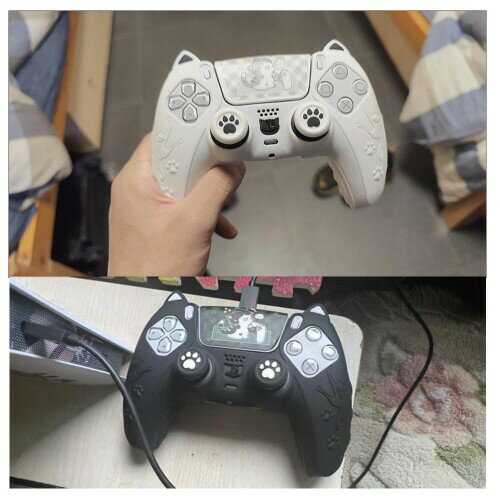 PS5 コントローラー用保護カバー、猫耳シリコンケース 滑り止め 汗防止 防塵 ステッカー＆ロッカーキャップ付 (White)