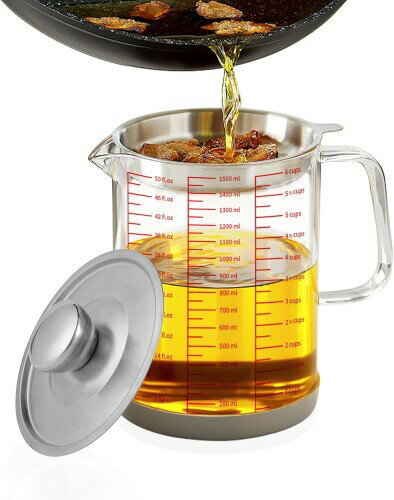 オイルポット 容量1.5L ホウケイ酸ガラス製 304ステンレスフィルター ろ過 耐熱・耐冷 油漉し 油こし 油ポット 目盛り付き透明ガラスボディ 滑り止めシリコン底 油入れ容器 キッチン用