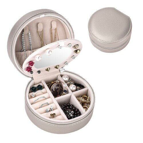 ?アクセサリーケース 鏡付き 旅行用 ジュエリーボックス 持ち運び コンパクト ステッチ加工PU ネックレス リング収納 誕生日プレゼント女性 (シャンパンゴー...
