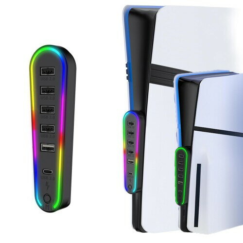 PS5 Pro/PS5 Slim 用USBハブPS5 Pro 用 4ポート USB拡張ハブ 一体型 設置簡単 高速拡張ハブ スプリッター アダプター HUB2.0 USBポート 安定性 軽量 コンパクト外付け (ブラック-RGBランプ付)