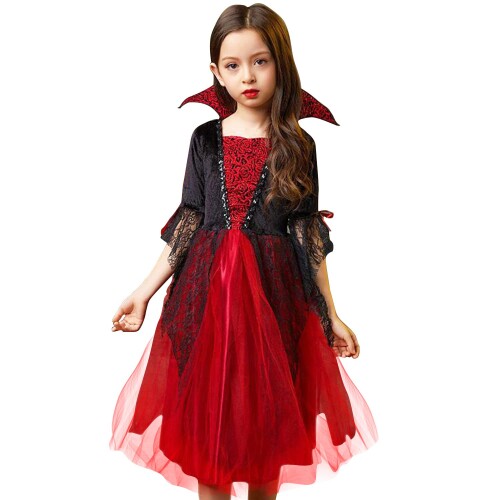 (JOMA-E Shop) ハロウィン 仮装 子供 吸血鬼 魔女 悪魔 コスプレ衣装 可愛い キッズコスチューム パーティー 女の子 デビル風 変装 舞台 演出服 文化祭 学園祭 演出服 (L, 赤)