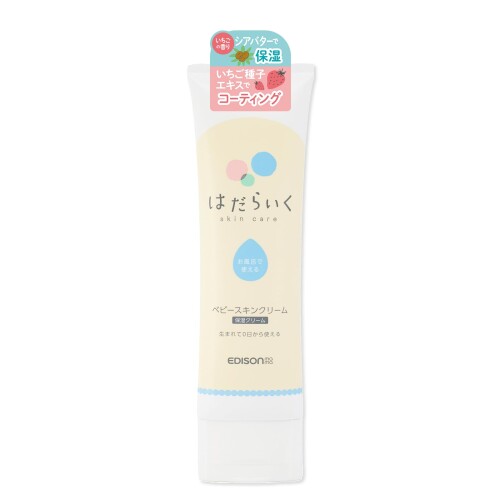 EDISONmama（エジソンママ）はだらいく ベビースキンクリーム シアバター配合 保湿バリア 低刺激 敏感肌 新生児 乾燥対策 日本製 しっとりいちごの香り ?【ぬれた肌にそのまま塗るだけ お風呂で完結する時短スキンケア】 お風呂から上がったら、体を拭いてすぐ。乾燥が始まる前に保湿ケアを完了できるのがこのクリームの最大の特長です。ローションを別途用意してからクリームを塗る…という手順が不要で、お風呂の中でケアが完結します。ワンオペ育児で赤ちゃんをひとりでお風呂に入れる場面でも、素早くケアできるため毎日のスキンケアがぐっとラクになります。忙しいパパ・ママの味方になる、新感覚のベビースキンクリームです。 ?【シアバター配合 日本製の低刺激処方】 植物由来の保湿成分として知られるシアバターを配合。シアバターとは、アフリカ原産のシアの木の実から得られる天然オイル成分で、肌への親和性が高く、しっとりとしたうるおいを与えます。日本国内で製造された低刺激処方で、生まれたての新生児の繊細な肌にも配慮した設計です。敏感肌のお子さまはもちろん、乾燥が気になるパパ・ママも一緒にお使いいただけます。 ?【保湿だけじゃない コーティングでバリア機能をサポート】 一般的な保湿ケアは水分を補うことが中心ですが、このクリームは肌表面をしっかりとコーティングすることで、外部からの刺激をブロックし水分の蒸発を防ぎます。バリア機能(肌が外部刺激から身を守る力)がまだ未発達な赤ちゃんの肌を、内側からのうるおいと外側からのコーティングでダブルにサポート。汗をかいた夏も乾燥が厳しい冬も、1年を通じて使えます。 ?【1年中つかえる 汗っかきな赤ちゃんにも】 汗で肌が濡れているときも、実は蒸発とともに乾燥は進んでいます。夏場の汗っかきな時期でも保湿ケアをすることが大切です。このクリームは季節を問わずに使えるテクスチャーで、汗ばむ季節も蒸れにくく使いやすい処方になっています。新生児から子どもまで長く使えるので、成長に合わせて買い替える手間もかかりません。毎日のお風呂後の習慣として取り入れやすい一本です。 ?【パッチテスト実施済み 商品スペック・使用上のご注意】 敏感肌の方を対象にパッチテストを実施し、肌への影響を確認した処方です( ※すべての方にアレルギーや皮膚刺激が発生しないということではありません)。初めてご使用の際は二の腕の内側など目立たない部分で事前にパッチテストを行ってからお使いください。 サイズ:50×22×200mm　 重量:130g　 生産国:日本　 香り:いちごの香り(しっとりタイプ)。肌に異常が現れた場合はご使用を中止し、皮膚科専門医にご相談ください。 商品コード57082376053商品名EDISONmama（エジソンママ）はだらいく ベビースキンクリーム シアバター配合 保湿バリア 低刺激 敏感肌 新生児 乾燥対策 日本製 しっとりいちごの香りサイズしっとり※他モールでも併売しているため、タイミングによって在庫切れの可能性がございます。その際は、別途ご連絡させていただきます。※他モールでも併売しているため、タイミングによって在庫切れの可能性がございます。その際は、別途ご連絡させていただきます。