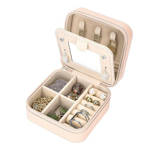 ?鏡付き アクセサリーケース 旅行用 ジュエリーボックス 持ち運び コンパクト ステッチ加工PU ネックレス リング収納 誕生日プレゼント女性 (ピンク)