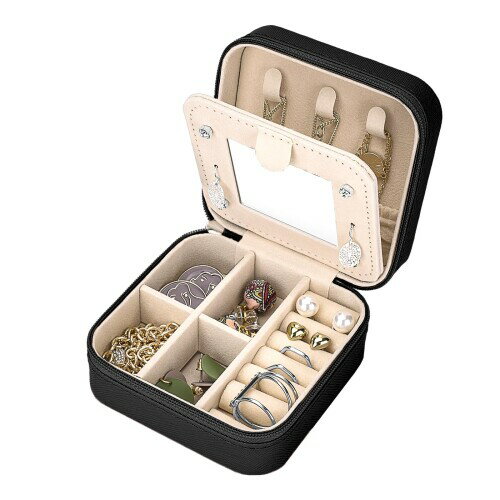 ?鏡付き アクセサリーケース 旅行用 ジュエリーボックス 持ち運び コンパクト ステッチ加工PU ネックレス リング収納 誕生日プレゼント女性 (ブラック)