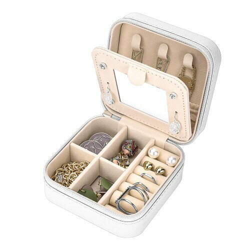 ?鏡付き アクセサリーケース 旅行用 ジュエリーボックス 持ち運び コンパクト ステッチ加工PU ネックレス リング収納 誕生日プレゼント女性 (ホワイト)