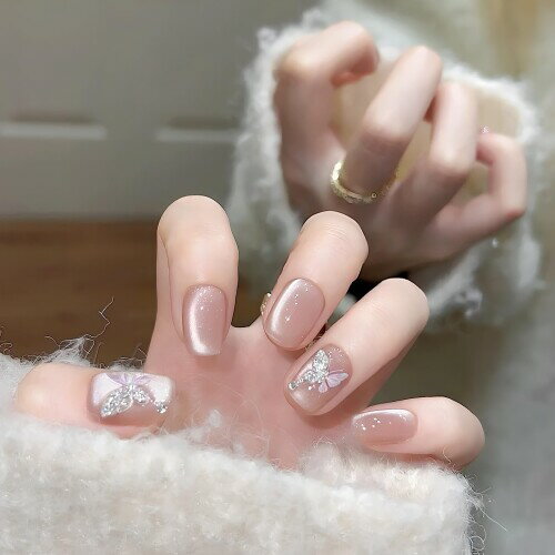 (ALLEVG)ネイルチップ 30枚入 マグネットタイプ 3D 蝶 付け爪 猫目石 光沢 キラキラ和風 かわいい シンプル ネイルチップ ショート 人気 短めネイルシール 可愛い 春夏 秋冬 花嫁ネイル 成人