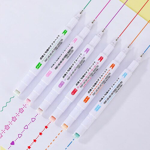 カーブペン 水性ペン 蛍光ペン ローラースタンプペン 花柄/ハート/点線/波線 速乾 耐久 手帳 日記 筆記用具 贈り物(6色、6種類)