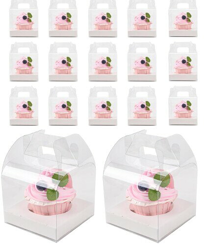 siawadeky ケーキボックス 透明 ケーキ箱 20個セット 耐久性 防埃 防水 トレイ付き ハンドル付き 持ち運び 手提げ ケーキドーム お菓子箱 カップ...