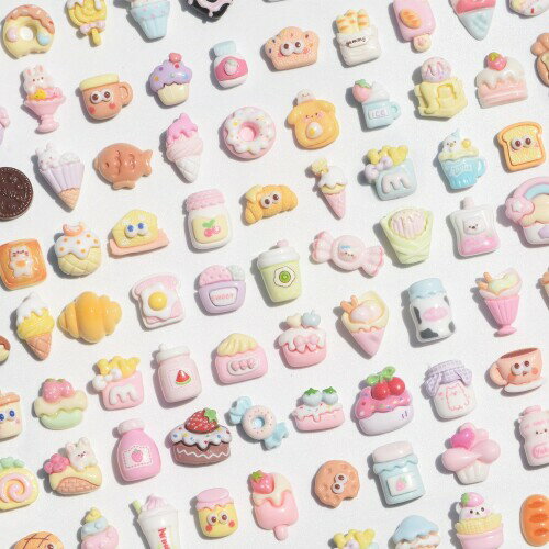デコパーツ デザート食べ物 ケーキ アイスクリーム パンドーナツ 爪サイズ 80個セット アクセサリー ミ..