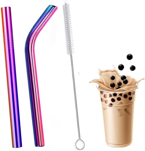 ストロー ステンレス ストロー 太い ストロー タピオカ ミルクティー 大きなストロー 詰まらない 吸いやすい 口径12mm×長さ210mm 繰り返し利用可能 洗浄用 ブラシ付 (カラー A)