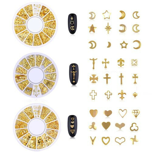 ISHRネイルパーツ ネイルアート 3本セット 金属パーツ ハート型 星 月 十字架 十字架 幾何学 円形 幾何学 円形 ゴールドネイルパーツセット DIY 手作り ハンドメイド 収納ケース (ゴールド)
