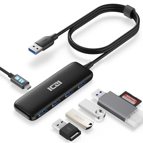 ICZI USB3.0 ハブ 5ポート ，USB ハブ3.0 120cm 延長ケーブル 独特なデザイン Micro USB給電用ポート付き 5Gbps高速転送 セルフパワー/バスパワー USB増設 USB拡張 スリム設計 軽量 コンパクトSSD HDD PS5