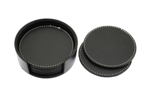 speed mao シンプル おしゃれ 円形 コースター 6枚 セット ブラック PUレザー