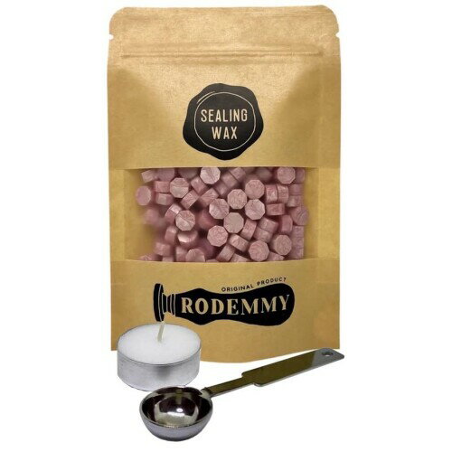 （RODEMMY） シーリングワックス 小粒タイプ 200粒入り スプーン ＆ ロウソク セット (パールピンク)