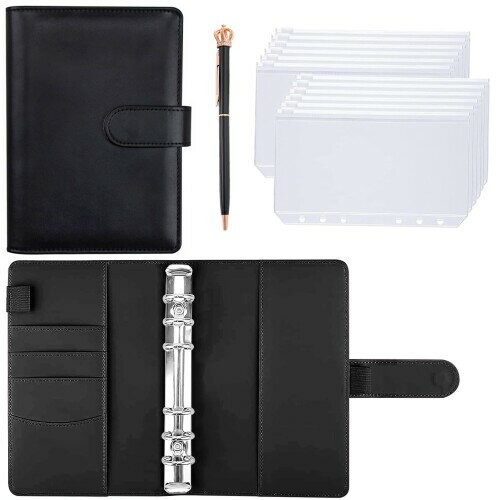 ELECTRO-WEIDEWORLD A6 バインダー 6穴 予算バインダー PUレザー ポケット12個付き ボールペン付き便利セット メモ帳用 伝票バインダー 領収書/会計票整理 家計管理 お金管理 書類・伝票・名刺