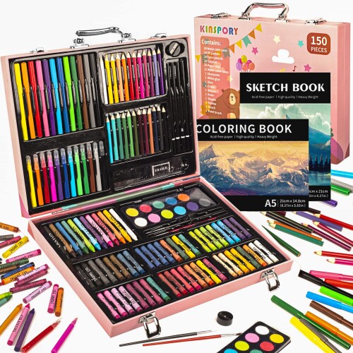 150PC Art Set, KINSPORY Coloring Art Kit, Wooden Drawing Art Supplies Case, Markers Crayon Colour Pencils for Budding Artists