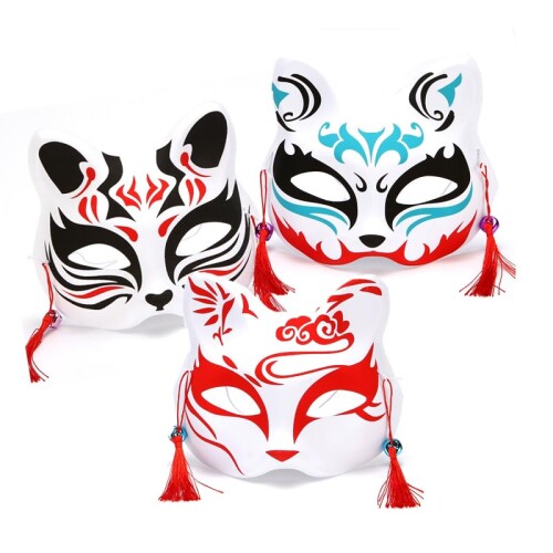 狐面 お面 狐 お面 3枚セット 猫面 和風 仮面 コスプレ 鈴付き 男女兼用 変装 仮面 コスプレ アクセサ..