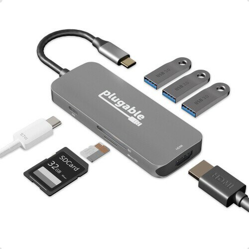 Plugable USB-C nu 7-in-1 }`A_v^[ Windows Mac Chromebook ݊i4K HDMIAUSB 3.0 |[gx3ASD/microSD J[h[_[A92W [djUSB4AThunderbolt 3/4 VXełgp