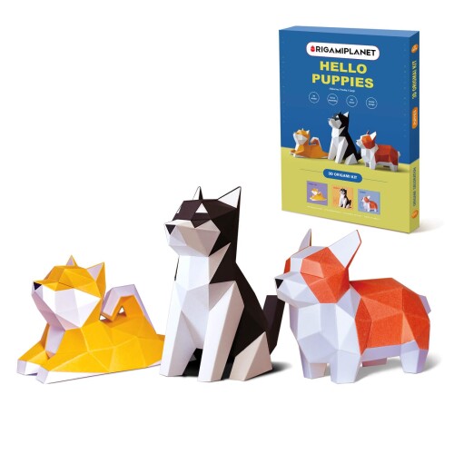 ORIGAMIPLANET Hello Puppies 立体折り紙ペーパークラフトギフトセット - 3個、ハスキー/コーギー/柴犬 3Dのカット済み折り紙キット、ティーン&大人向けのかわいい動物の犬の紙彫刻、誕生日の