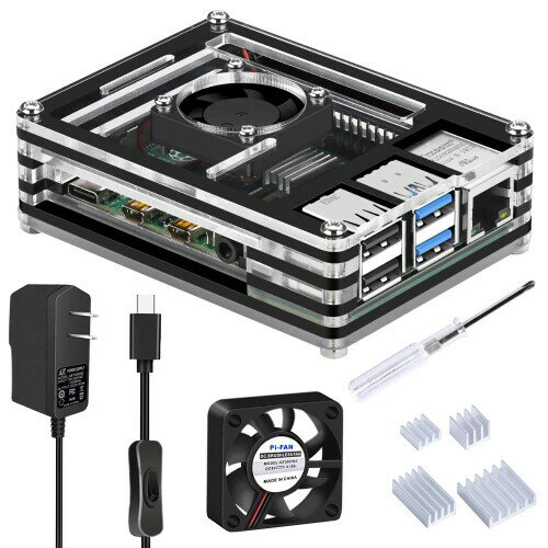 GeeekPi最新のRaspberry Pi 4ケースRaspberry Pi 4アクリルケース+ 5V 3.6A電源+冷却ファン+ヒートシンクRaspberry Pi 4モデルB互換（Raspberry Pi 4モデルB本体は含まれません）（電源付き）