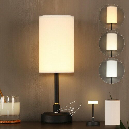 卓上LED電灯(充電式)：3段階及び、無段階調光、アクリルと麻布カバースタンド、レストラン/寝室/屋外使用に最適です。（白+黒） (1)