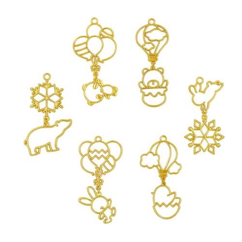 レジン枠 空枠 MUNCVY フレーム パーツ ゴールド ウサギ パンダ 動物と風船 熱気球 雪 6個 セット uvクラフト 大量 カン付き セッティング アクセサリーパーツ から枠 ペンダント ハンドメ