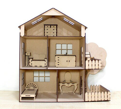 StonKraft 木製の3Dパズルドールハウス - 家の装飾、建設玩具、モデリングキット、学校のプロジェクト - 組み立てが簡単 (家具付きドールハウス) 1サイズ ベージュ