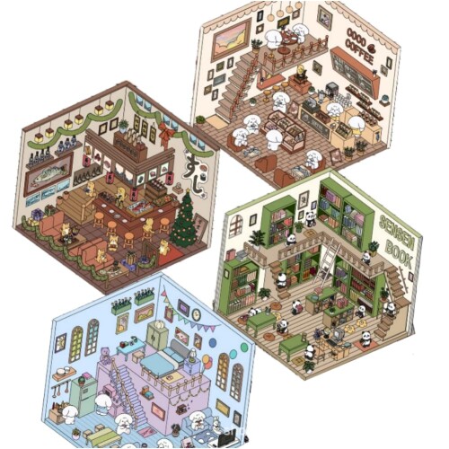 Skrnoai シーンシール 造景シール 紙ミニチュア模型 紙ドールハウス DIY 3D コラージュ素材 紙素材 手帳素材パック 日記帳 立体 韓国系 ニッチ ストレス解消 可愛い シール 趣味 (4点セット