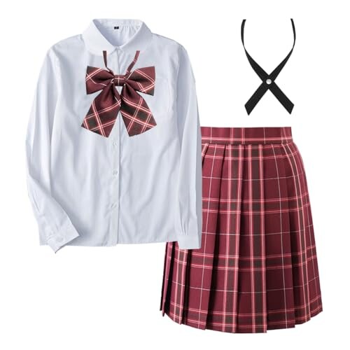 (SYRHSYB) コスプレ 制服 セット jkスカート 丈48cm 4点セット 女子学生服 上下セット 半袖 丸襟 長袖 白いシャツ＋蝶結び＋クロスタイ＋チェックスカート 写真撮影 パーティー衣装 遊園地