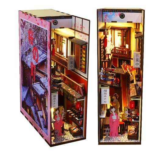 DIYブックヌークキット - DIYミニチュアドールハウスキット 家具とLEDライト付き 3Dパズル 木製ドールハウス キット 大人が組み立てるモデルキット(桜の町)
