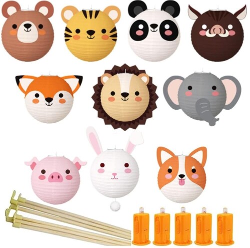 DUOLEIMI 動物提灯 10個 紙提灯 かわいい お盆 紙ちょうちん DIY 盆提灯 灯籠 お盆飾り LEDと手提げ棒..