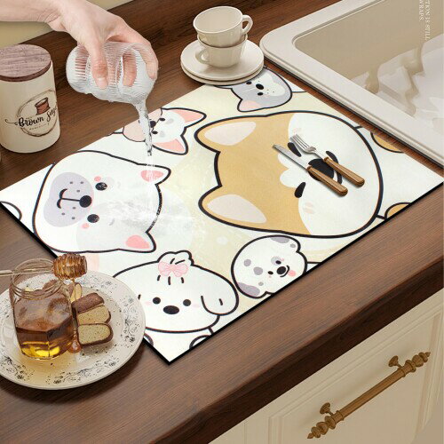 Hiitom 水切りマット 速乾吸水マット 滑り止め 30*40cm 丸めて収納 速乾性 耐油性 隔熱 お手入れ簡単 (犬さん)