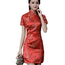 (RONGUI) チャイナドレス ミニ コスプレ 衣装 ミニ丈 男性 チャイナ服 大きいサイズ メンズ 女装 半袖 黒 赤 (L, 赤(レッド))