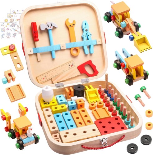 Popgaga 大工さんセット 組み立て おもちゃ 3 4 5 6 7 8 歳 男の子 女の子 木製おもちゃ 知育玩具 モンテッソーリ 木のおもちゃ 工具 ままごと ごっこ遊び 大工さんごっこ プレゼント 子供人
