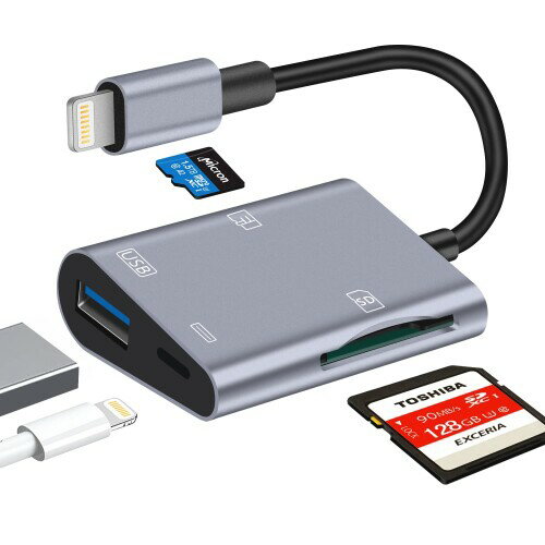 (2024 MFi正規認証品) iPhone SD カードリーダー 4in1 Lightning SD カードカメラリーダー SD TF USB カメラアダプタ 高速データ転送 変換アダプタ 写真 ビデオ キーボード 資料 双方向 同時充電と転