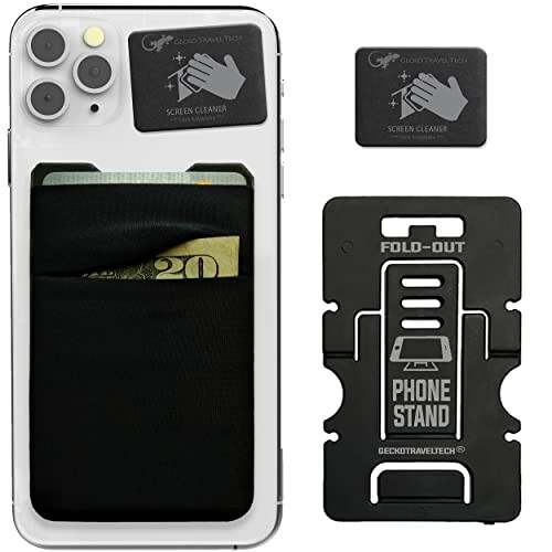 (Gecko Travel Tech) Phone Wallet - Double Pocket - Card Holder (-BLANK- BLACK)