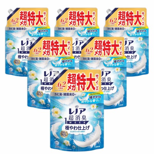 レノア 超消臭1WEEK 柔軟剤 極やわ仕上げ ふんわりシャボンの香り 詰め替え 1900mL×6袋 (大容量) (ケース品) 新しくなったレノア超消臭1WEEKは、カビ臭・雑菌臭0へ(1)。湿気から衣類を守る 1 柔軟剤未使用と比較。すべてのニオイを0にするわけではありません。 レノア超消臭1WEEKは、80%以上の消費者が実感した、1週間ずーっと続く消臭力(1)。 かけっぱなしの洗面所のタオルや、ニオイが気になるけれど毎日は洗えない、シーツや枕カバーまで、1週間ずーっと爽やか(1)。 1 保管状態で レノアの消臭系柔軟剤は、みなさんのお洗濯のニオイ問題やお悩みを解決すべく、無臭化テクノロジーや1週間(1)ずーっと続く消臭技術など、消臭効果に関する研究を重ねて来ました。おかげさまで、防臭タイプ柔軟剤の中で売上No.1。 1 保管状態で 極やわシリーズは、柔軟成分165%に増量(1) 1 当社他レノア超消臭比 選べる6種類の香り。 お求めの消臭力、香りに合わせて、家族で使える6種類の香りをご用意しています。 レノアの柔軟剤は、ドラム式洗濯機や自動投入洗濯機でもお使いいただけます。詳細の使用方法や使用量は、製品裏の説明をご覧ください。 赤ちゃんの衣類もOK。家族全員対応 - 赤ちゃん用と大人用の両方に使える柔軟剤。植物由来の厳選成分配合。柔軟成分を指す。肌にやさしい。 商品紹介 湿気から衣類を守る! カビ臭 ■雑菌臭0へ* ごわごわタオルも極やわ&爽やかな香りに! 柔軟成分165%に増量*1 1週間ずーっと消臭*2 花粉ブロック*3 静電気ブロック 部屋干しでも生乾き臭を防ぐ 洗濯槽のニオイを防ぐ 赤ちゃんの衣類もやわらかく *柔軟剤未使用と比較。すべてのニオイを0にするわけではありません *1 当社他レノア超消臭比 *2 保管状態で *3 静電気を防ぐ効果による レノア 超消臭1WEEK 柔軟剤 極やわ仕上げ ふんわりシャボンの香り 原材料 ■成分 界面活性剤(エステル型ジアルキルアンモニウム塩)、安定化剤、香料 商品コード39080053301商品名レノア 超消臭1WEEK 柔軟剤 極やわ仕上げ ふんわりシャボンの香り 詰め替え 1900mL&times;6袋 (大容量) (ケース品)サイズ詰替 1900mL&times;6袋※他モールでも併売しているため、タイミングによって在庫切れの可能性がございます。その際は、別途ご連絡させていただきます。※他モールでも併売しているため、タイミングによって在庫切れの可能性がございます。その際は、別途ご連絡させていただきます。