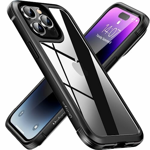 Meifigno iPhone14ProMax ケース 耐衝撃 ワイヤレス充電 軍事保護 ストラップ穴付き iPhone 14 Pro Max ケース 6.7インチ 透明 ブラック