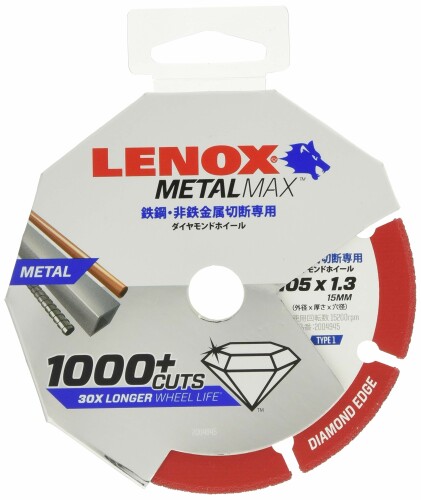 LENOX メタルマックス 4" 105X15X1.3mm 2004945 外径(mm):105 穴径(mm):15 厚さ(mm):1.3 ※画像は代表画像です。 ■金属切断専用に厳選されたダイヤモンド粒子を用いる事で、チップソーや一般的砥石での切断が困難だった部材に突出した切断能力を発揮します。 ■多くの一般的金属製品の切断にも適しています。 ■モルタルライニング管、ダクタイル鋳鉄管、耐火二層管、樹脂パイプ等 商品コード39075817455商品名LENOX メタルマックス 4" 105X15X1.3mm 2004945型番2004945サイズ105mm※他モールでも併売しているため、タイミングによって在庫切れの可能性がございます。その際は、別途ご連絡させていただきます。※他モールでも併売しているため、タイミングによって在庫切れの可能性がございます。その際は、別途ご連絡させていただきます。