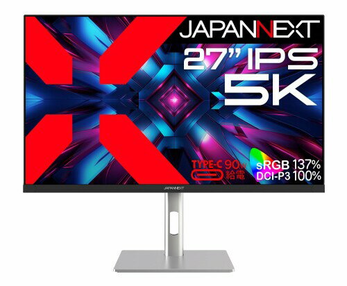 JAPANNEXT 27インチ IPSパネル搭載 5K(5120x2880)解像度 液晶モニター JN-IPS275K-HSPC9 HDMI DP USB Type-C(最大90W給電) HDR sRGB:137% DCI-P3:100% 高さ調整 ピボット対応 KVM PBP/PIP機能搭載